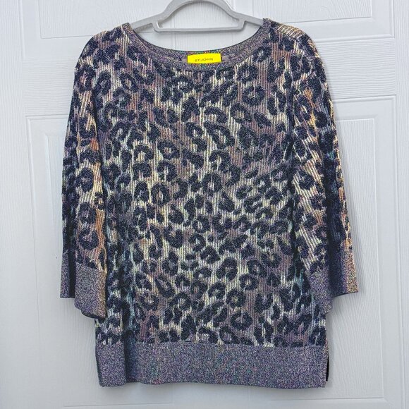 St. John Metallic Thread Leopard Print Black/Brown Knit Sweater Size M - Picture 1 of 3